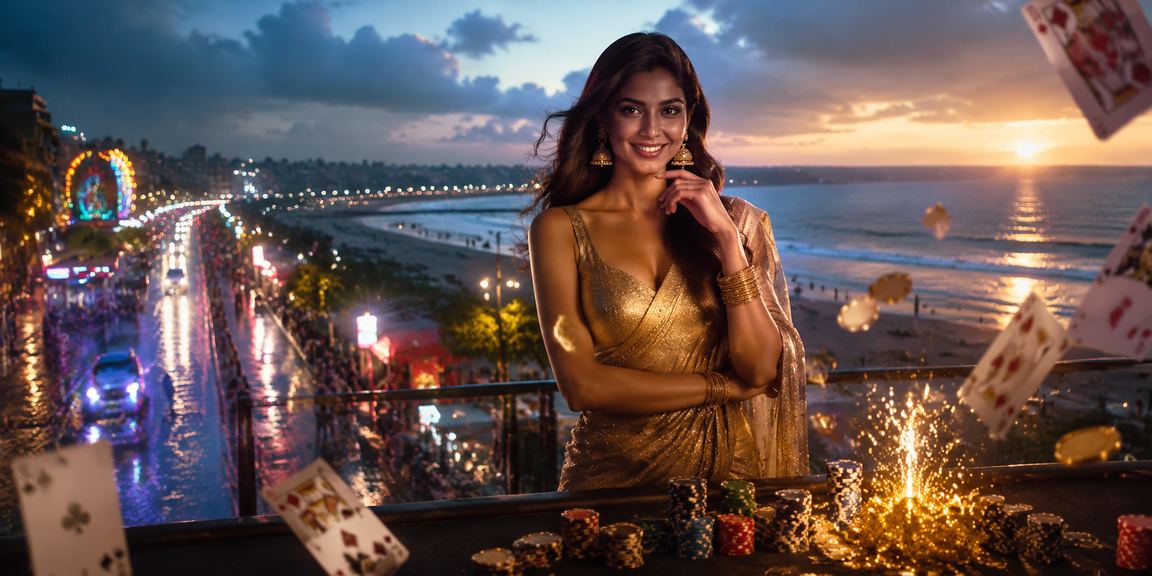 Chennai Marina Beach with poker game neon lights