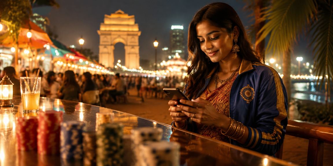 Delhi India Gate with cricket betting night market atmosphere